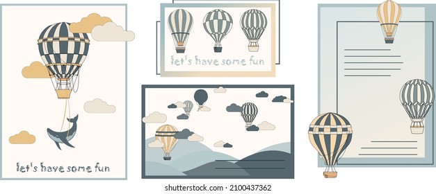 Set of postcard, banner, poster with hot air balloons, whale, and clouds for kids in soft shades. Hand-drawn vector illustration for decoration baby shower, birthday party, kids room.