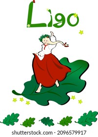 set for a postcard. A beautiful woman in a national costume is dancing on the holiday of Ligo. a woman stands on an oak syringe. set of oak leaves. a wreath of herbs on the girl's head. ligo logo.