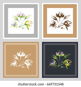 Set of postcard with bouquet of different types hand-drawn outline beautiful flowers in delicate frame