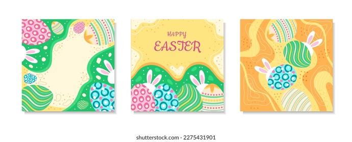 set of postcard cover templates with Easter eggs and rabbits on colorful background. Geometric abstract shapes and waves. Vector image drawn by hands in style of doodle, cartoon. Place for text 