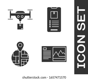 Establecer tarjeta postal , drone de entrega con el paquete , Marcador de posición en papel de mapa en perspectiva y teléfono móvil con icono de seguimiento de entrega de aplicaciones. Vector