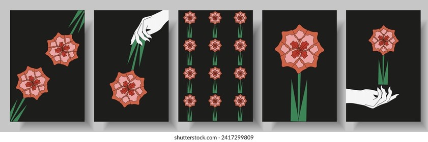 Set postcard design with Cartoon Summer Flower in trendy Groovy style. International Women's banner and poster collection. Vector illustration can used web and social media poster and t-shirt print. 