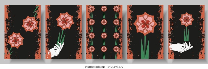 Set postcard design with Summer Flower in trendy Groovy style. International Women's banner and poster with Grunge texture. Vector illustration can used web and social media poster and t-shirt print. 