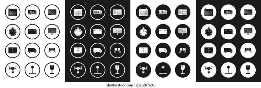 Set Postcard, Envelope, Stopwatch, Calendar, Computer monitor with app delivery tracking, Free service, Railway carriage and Cardboard box traffic symbol icon. Vector