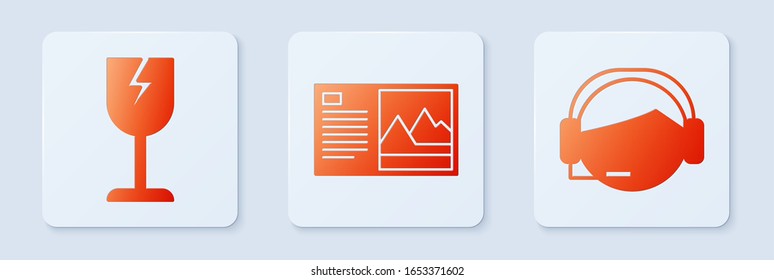 Set Postcard , Fragile broken glass symbol and Support operator in touch. White square button. Vector