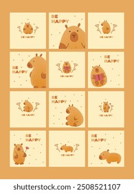 Set of postcard with hand draw capybara with flower, leaves and inscription be happy. Vector illustration in flat, doodle style. Cartoon cute animal for print.Child illustration on beige background.