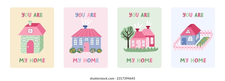 Set of postcard for Happy Birthday, Christmas, Valentine's Day. Trendy and minimalistic posters with lettering and hand drawn cute little country house. Greeting card template for holiday.