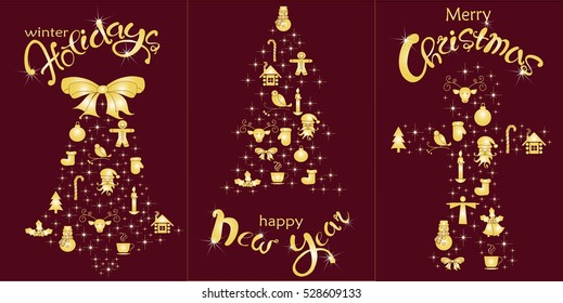 Set of postcard Happy Holidays, Happy New Year, Christmas holiday. Gold lettering and stylized Christmas tree, bell, ginger bread on burgundy, stock vector illustration