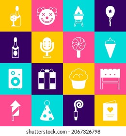 Set Postcard with heart, BBQ brazier, Ice cream in waffle cone, Barbecue grill, Microphone, Champagne bottle,  and Lollipop icon. Vector