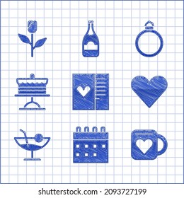 Set Postcard with heart, Calendar, Coffee cup and, Heart, Cocktail, Cake on plate, Diamond engagement ring and Flower rose icon. Vector