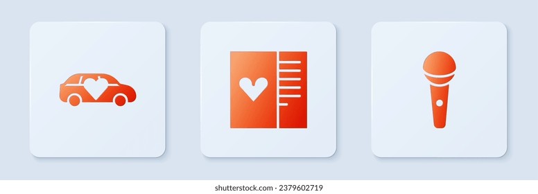 Set Postcard with heart, Limousine and Microphone. White square button. Vector