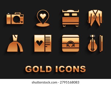 Set Postcard with heart, Suit, Violin, Wedding rings, Woman dress, Bedroom, Photo camera and Location icon. Vector