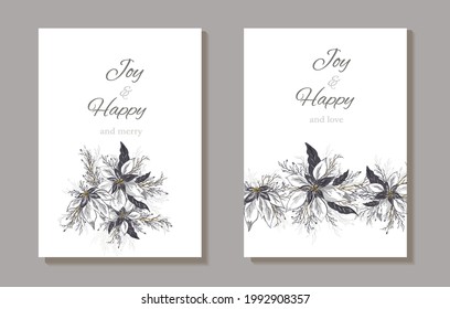un juego de postales, invitación, banner hecho de flor de poinsettia. ramos realistas hechos a mano en color oro. elementos de vacaciones, un poco más en el estilo del realismo. diseño artístico moderno de estilo vintage