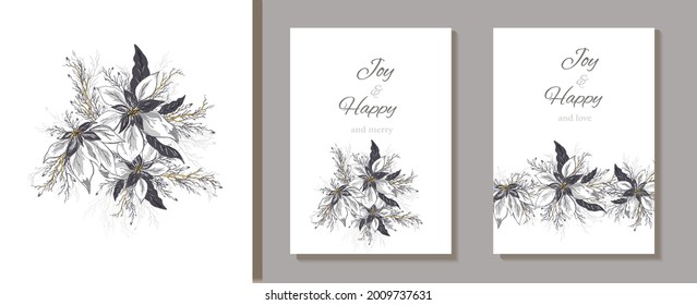 a set of postcard, invitation, banner made of poinsettia flower. hand-drawn realistic bouquets in gold color. elements for holiday, close-up in the style of realism. art modern design in vintage style