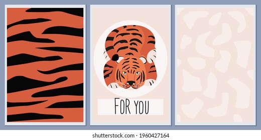 Set of postcard and invitation templates with a cute tiger. Background African ethnic prints with spots and wavy lines. Designs vector abstract wall posters with greeting inscriptions.