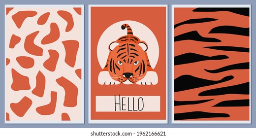 Set of postcard and invitation templates with a cute tiger. Background African ethnic prints with spots and wavy lines. Designs vector abstract wall posters with greeting inscriptions.