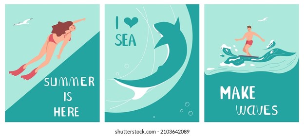 Set of Postcard I love sea in a marine style. Ocean scene with shark and Surfer rides the Wave on aquamarine background. Flat Art Vector illustration