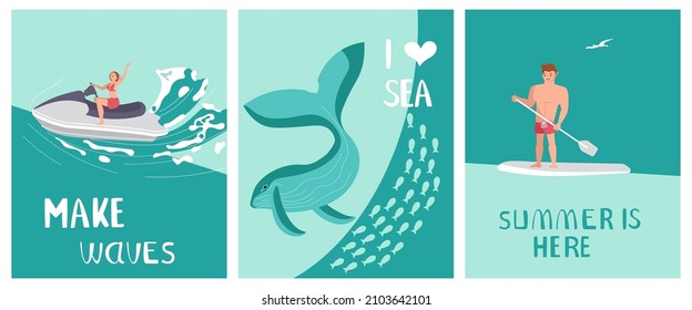 Set of Postcard I love sea in a marine style. Ocean scene with whale and Surfer rides the Wave on aquamarine background. Flat Art Vector illustration