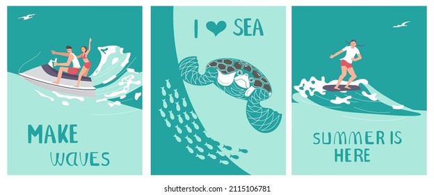 Set of Postcard I love sea in a marine style. Ocean scene with sea turtle and Surfer rides the Wave on aquamarine background. Flat Art Vector illustration