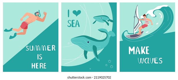 Set of Postcard I love sea in a marine style. Ocean scene with shark and Surfer rides the Wave on aquamarine background. Flat Art Vector illustration