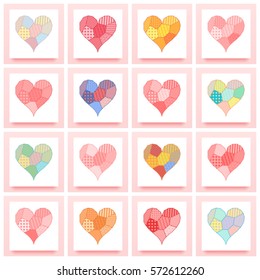 Set of postcard on Valentines Day pink heart made of patchwork
