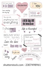 A set of postcard poster designs. Modern motivational phrases with decor. Stickers for scrapbooking or logging with quotes. Isolated vector elements.