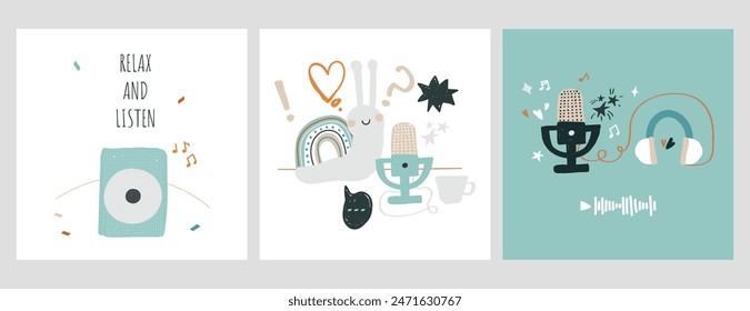 Set of postcard record studio device. headphones, microphones, speaker. Concept of podcast, radio, broadcasting. Hand drawn vector illustration. Flat cartoon style for music