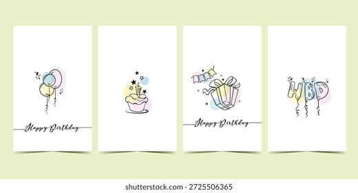 Conjunto de postal con un diseño simple. Invitación de cumpleaños universal lineal minimalista.