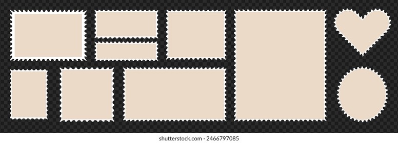 Set of postcard stamp frames, Vector post elements. Vintage postal paper card. Label border in square and heart and elipse shapes. Transparent background as a png