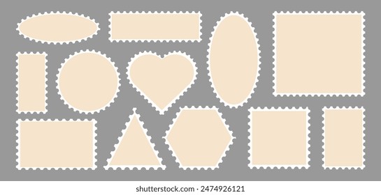 Set of postcard stamps template. Mockup postage stamps.Jagged wavy edge forms. Vector illustration