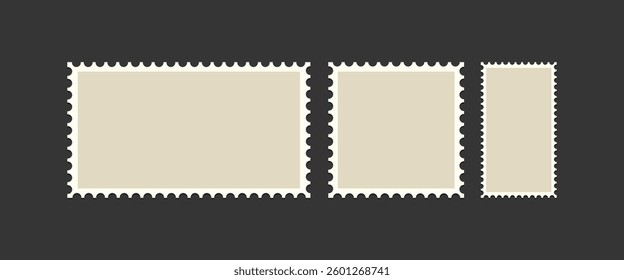 Set of postcard stamps template. Mockup postage stamps.Jagged wavy edge forms. Vector illustration
