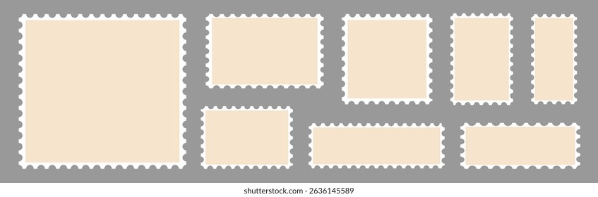 Set of postcard stamps template. Mockup postage stamps. Jagged wavy edge forms. Vector illustration