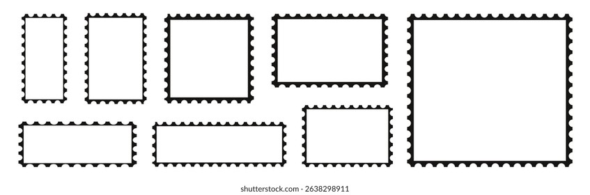 Set of postcard stamps template. Mockup postage stamps. Jagged wavy edge forms. Vector illustration