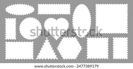 Set of postcard stamps template. Mockup postage stamps.Jagged wavy edge forms. Vector illustration