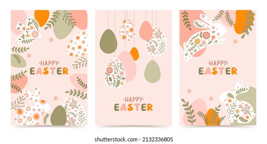 Ponga una plantilla de postales con una silueta de huevos de Pascua, conejo y flores de estilo plano. Ilustración liebre primavera y huevos en colores pastel y espacio para el texto. Vector