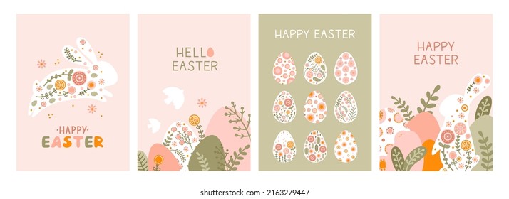 Set postcard template with a silhouette Easter eggs, rabbit and flowers in flat style. Illustration holiday easter bunny and eggs in pastel colors and space for your text. Vector