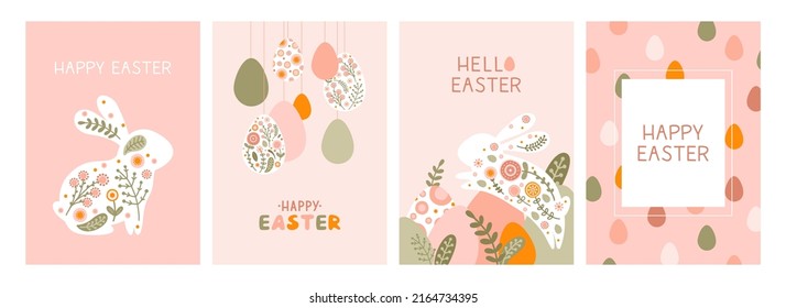 Set postcard template with a silhouette Easter eggs, rabbit and flowers in flat style. Illustration holiday easter hare and eggs in pastel colors and space for your text. Vector