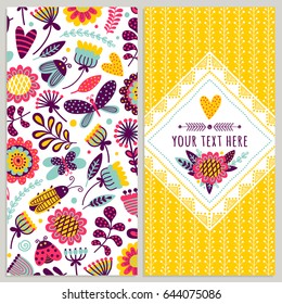 Set of postcard templates or banners with decorative flowers and insects