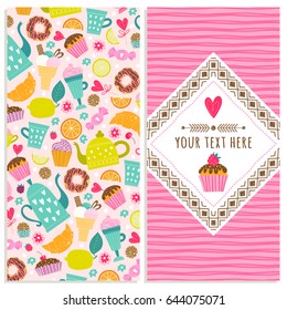 Set of postcard templates or banners with desserts, teapots and cups