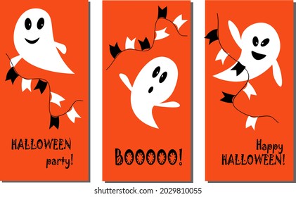 Set of postcard templates with funny ghosts. Happy Halloween. Vector illustration on an orange background. For invitations, greetings, flyers, price tags and gift shops.