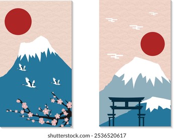 Set of postcard templates with Japanese landscape. Sakura and cranes on the background of the mountain. Temple gate and red sun. Vector illustration