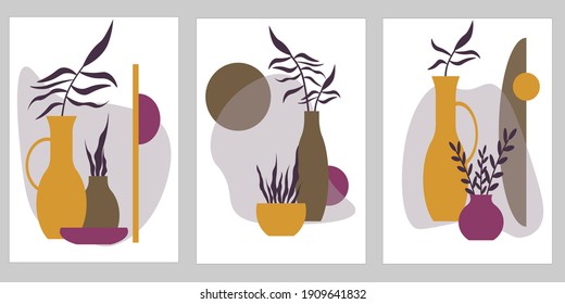 Set of postcard templates with vases and leaves. Shades of nature. Abstract vector illustration isolated on white background. For use in invitations, holiday greetings and decoration.