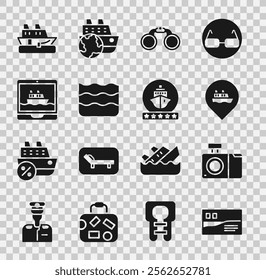 Set Postcard travel, Photo camera, Location with cruise ship, Binoculars, Wave, Cruise,  and  icon. Vector