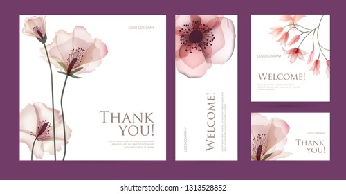 A set of postcard with the words of gratitude. Design template of business cards with abstract spring flowers for the hotel, beauty salon, spa, restaurant, club. Vector illustration