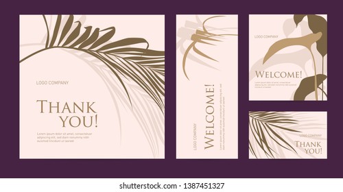 A set of postcard with the words of gratitude. Design template of business cards with with palm leaves silhouette for the hotel, beauty salon, spa, restaurant, club. Vector illustration