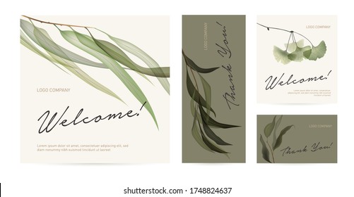 A set of postcard with the words of gratitude. Design template of business cards or banners with green leaves for the hotel, beauty salon, spa, restaurant, club. Vector illustration