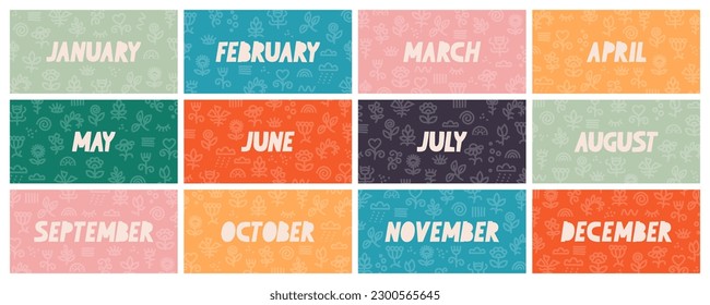 Set of postcards with 12 months of the year. January, February, March, April, May, June, July, August, September, October, November, December. Hand lettering on a floral background.