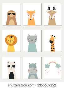 Set of postcards with animals. Vector illustration of a Fox, sloth, deer, cat, giraffe, Hippo, lion and Panda, for printing on postcards, fabrics, dishes and children's goods. Cute baby background.