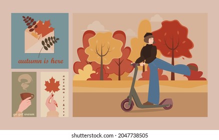 Set of postcards with autumn illustrations. Autumn fallen leaves in an envelope, a hand holding a fallen leaf, a hand with a cup of hot drink - tea or coffee. Vector illustration for the autumn season