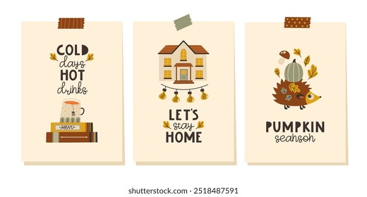 Set of postcards with autumn inscriptions and drawings in a simple style. Vector illustration